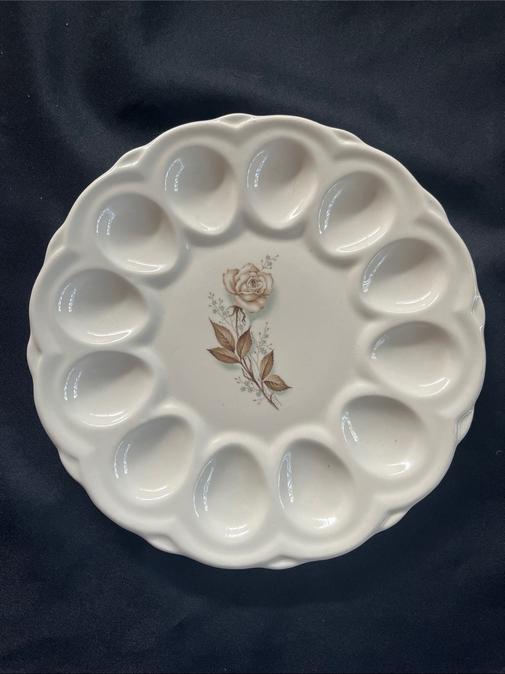 Vtg Ceramic Deviled Egg Plate Brown Sepia Single Rose Cottage Grandma Core